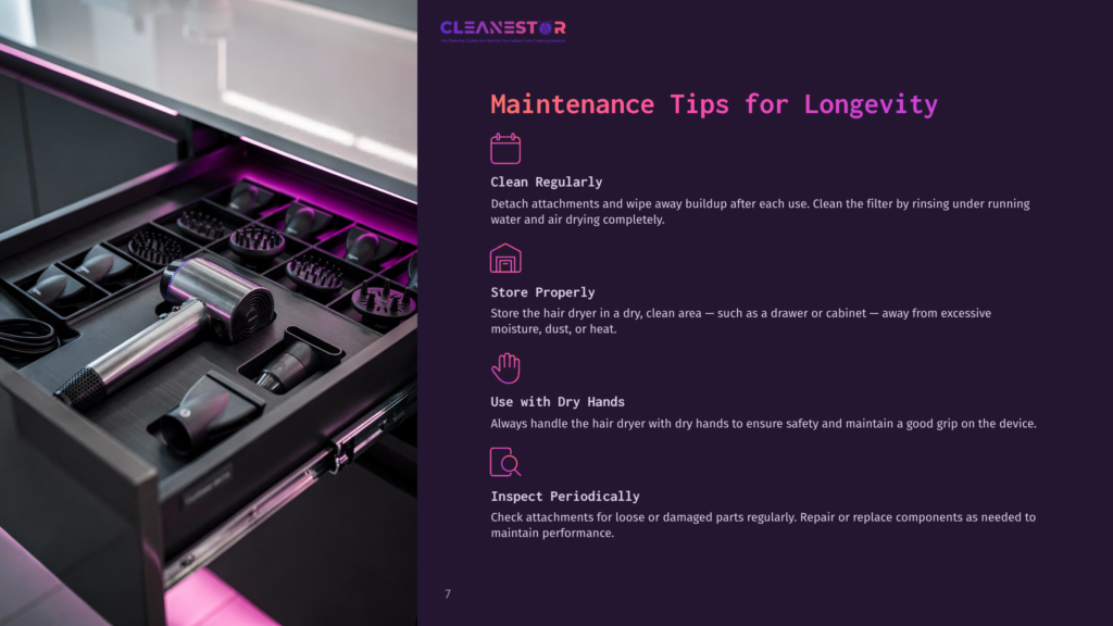 Cleanestor Logo And &Quot;Maintenance Tips For Longevity&Quot; Text Overlayed On A Close-Up Of A Sleek Hairdryer And Its Attachments Organized In A Drawer.