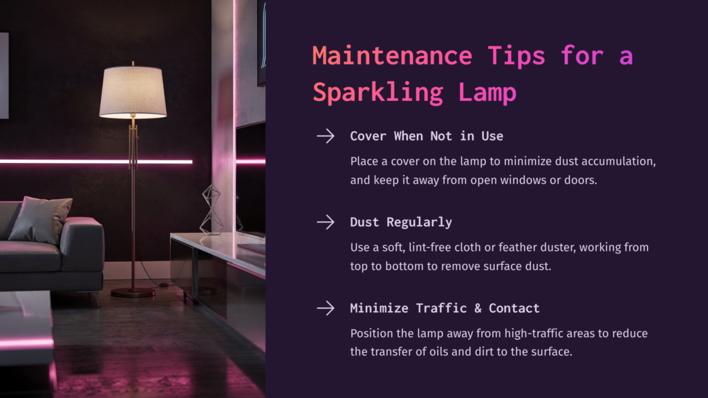 Modern Living Room With A Sleek Floor Lamp, Sofa, And Entertainment Center, Featuring Neon Pink Accent Lighting. Text Overlay: &Quot;Maintenance Tips For A Sparkling Lamp&Quot;.
