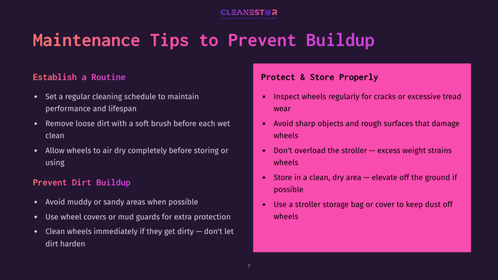 A Slide Titled &Quot;Maintenance Tips To Prevent Buildup&Quot; From Cleanestor, Featuring Two Columns Of Advice: &Quot;Establish A Routine&Quot; And &Quot;Protect &Amp; Store Properly.