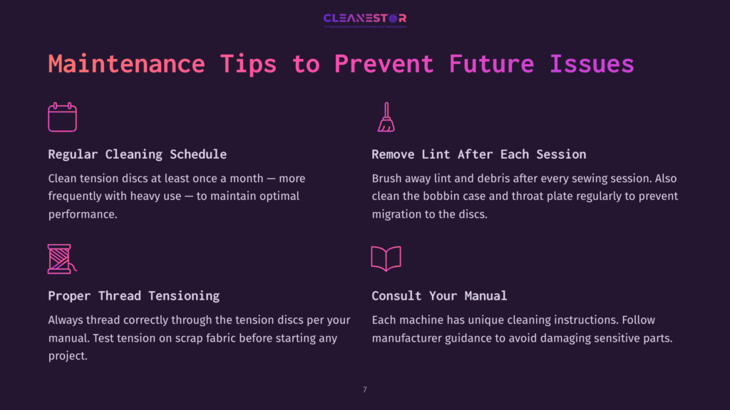 Cleanestor Maintenance Tips: Regular Cleaning Schedule, Remove Lint After Each Session, Proper Thread Tensioning, And Consult Your Manual For Sewing Machine Care.