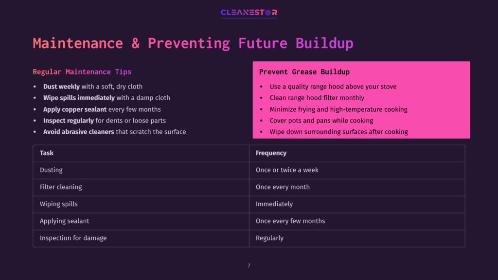 Cleanestor Maintenance And Preventing Future Buildup Infographic With Tips For Regular Maintenance And Preventing Grease Buildup, Including A Task And Frequency Table.