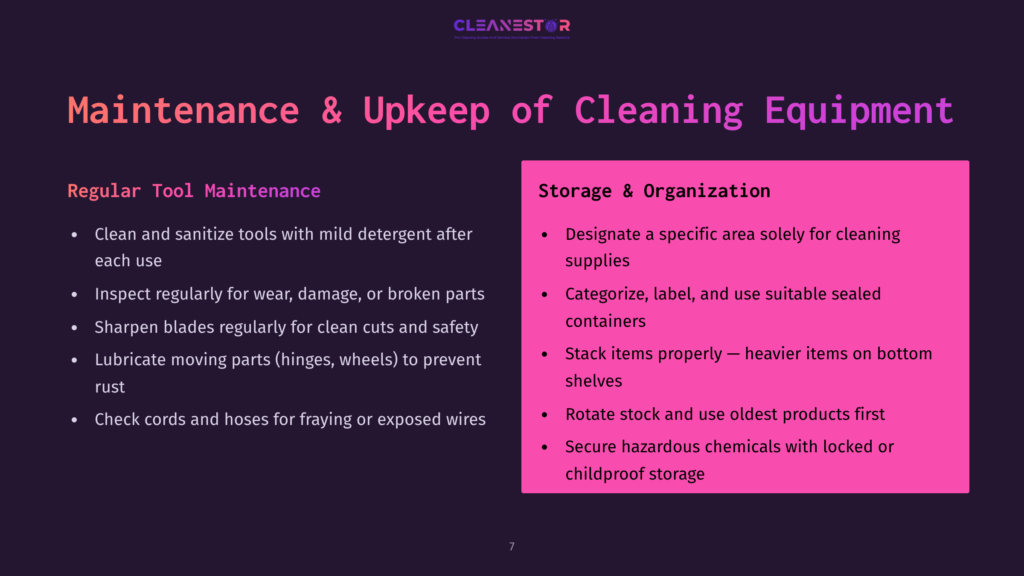 Presentation Slide Titled &Quot;Maintenance &Amp; Upkeep Of Cleaning Equipment&Quot; With Sections On &Quot;Regular Tool Maintenance&Quot; And &Quot;Storage &Amp; Organization,&Quot; Detailing Cleaning And Inspection Tasks.