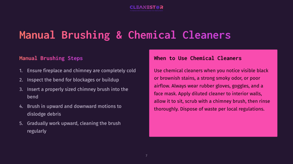 7 Manual Brushing And Chemical Cleaners Cleanestor Logo With Text &Quot;Manual Brushing &Amp; Chemical Cleaners&Quot; And Steps For Manual Chimney Brushing And When To Use Chemical Cleaners.