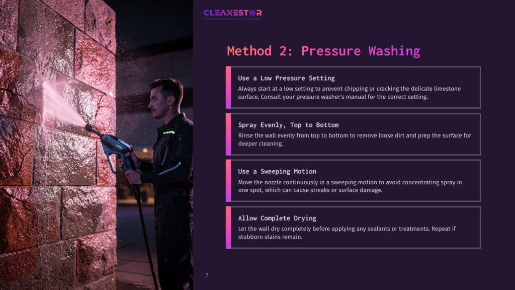 A Man In A Work Uniform Uses A Pressure Washer To Clean A Stone Wall, With Text Overlay &Quot;Method 2: Pressure Washing&Quot; And Tips For Safe Use.
