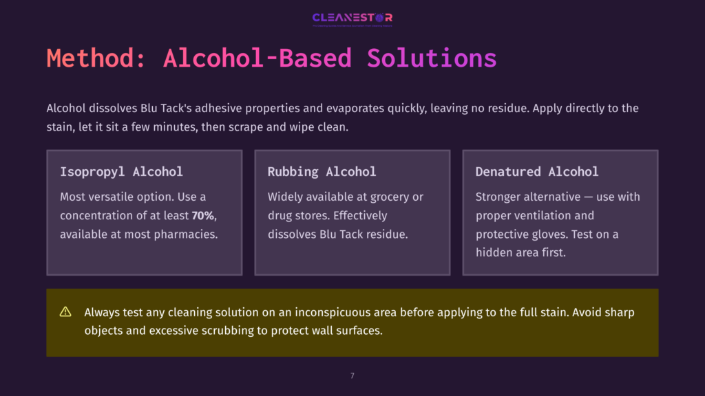 A Dark Purple Slide Titled &Quot;Method: Alcohol-Based Solutions&Quot; With Text Explaining How Alcohol Can Dissolve Blu Tack Adhesive, Featuring Three Boxes Detailing Isopropyl Alcohol, Rubbing Alcohol, And Denatured Alcohol.