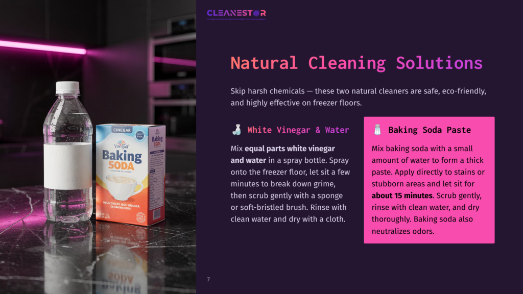 7 Natural Cleaning Solutions A Bottle Of White Vinegar And A Box Of Baking Soda Sit On A Dark Countertop, With A Blurred Background Of A Kitchen. The Labels On The Products Are Visible, Showcasing The Brands &Quot;Vinegar&Quot; And &Quot;Baking Soda.
