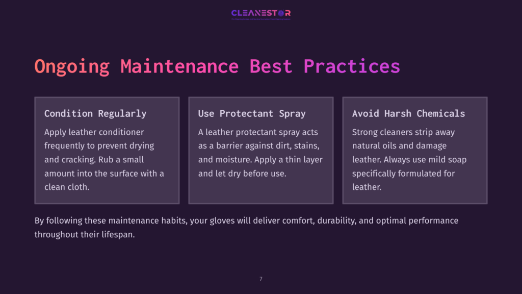 7 Ongoing Maintenance Best Practices Three Boxes With Text: &Quot;Condition Regularly&Quot; About Leather Conditioning, &Quot;Use Protectant Spray&Quot; About Protecting Leather From Dirt And Stains, And &Quot;Avoid Harsh Chemicals&Quot; About Cleaning Leather. The Text &Quot;Ongoing Maintenance Best Practices&Quot; Is Prominent.
