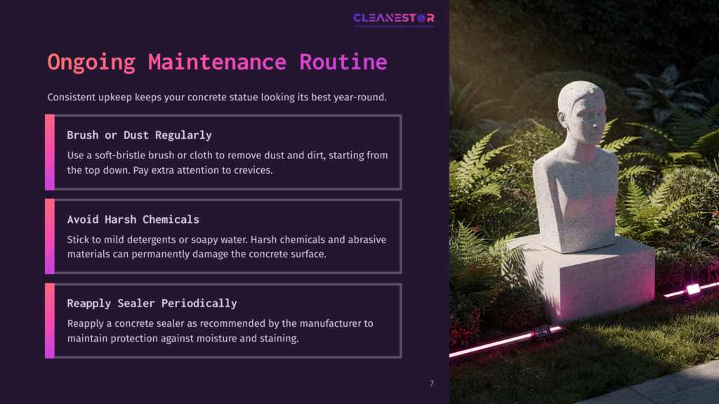 7 Ongoing Maintenance Routine 2 A Concrete Statue Of A Person Stands On A Pedestal, Surrounded By Lush Green Plants And Illuminated By Pink Uplighting. Text On The Left Provides Tips For Ongoing Concrete Maintenance, Including Brushing, Avoiding Harsh Chemicals, And Reapplying Sealer.