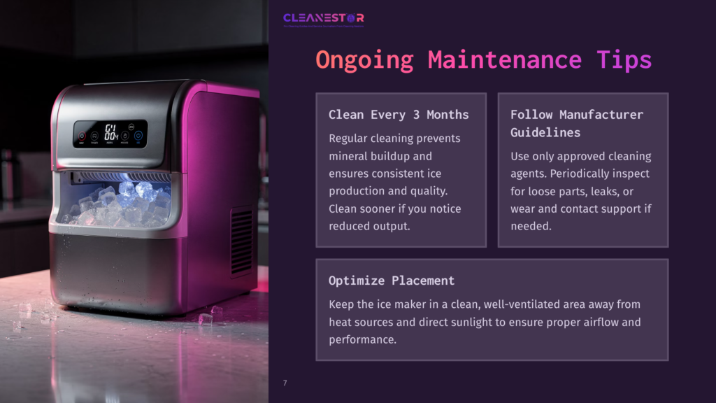 A Modern, Stainless Steel Ice Maker With A Digital Display Showing &Quot;64 00&Quot; Sits On A Countertop, Illuminated By Purple And Pink Ambient Light, With A Drawer Full Of Ice Cubes Visible.
