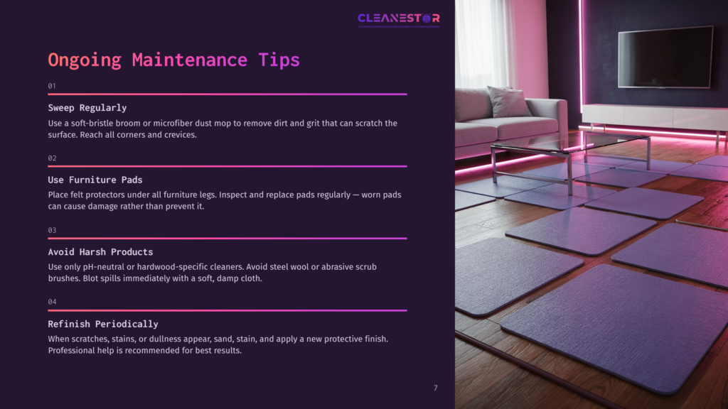 7 Ongoing Maintenance Tips A Modern Living Room With A Large Tv, Sofa, And Glass Coffee Table, With Purple Lighting. Text Overlays List &Quot;Ongoing Maintenance Tips&Quot; And Advice On &Quot;Sweep Regularly,&Quot; &Quot;Use Furniture Pads,&Quot; &Quot;Avoid Harsh Products,&Quot; And &Quot;Refinish Periodically.
