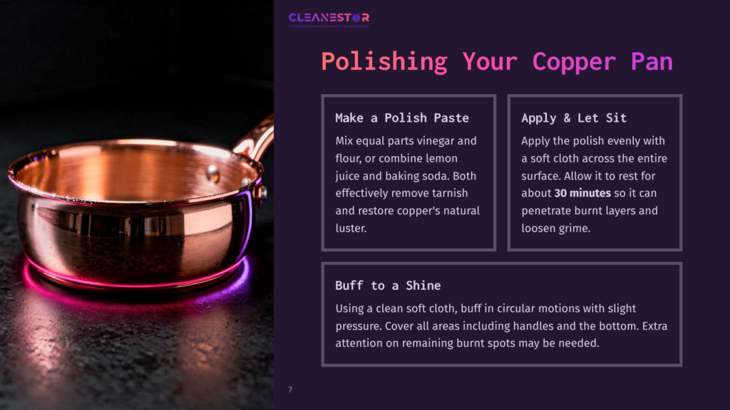 A Gleaming Copper Pan With A Polished Finish Sits On A Dark, Reflective Surface, Illuminated By Purple And Pink Light. Text Overlay Reads &Quot;Cleanestor Polishing Your Copper Pan&Quot;.