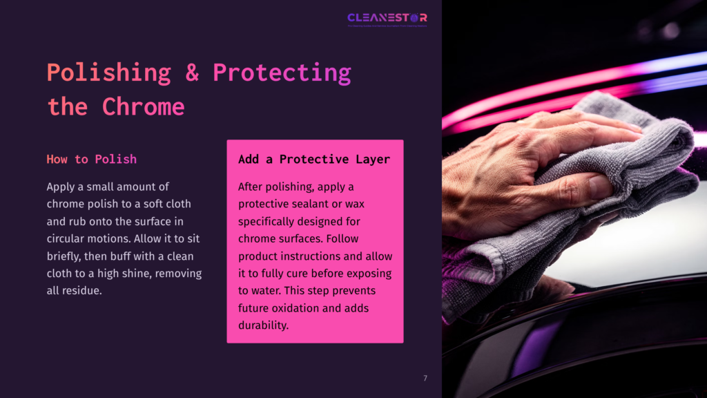 Close-Up Of A Hand In A Gray Microfiber Cloth Polishing A Glossy Black Car Surface. Bright Pink And Blue Neon Lights Reflect On The Polished Chrome And Car Body.