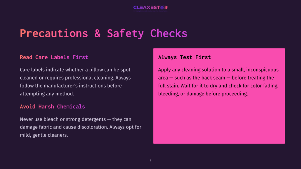7 Precautions And Safety Checks A Dark Purple Slide With The Title &Quot;Precautions &Amp; Safety Checks&Quot; And The Text &Quot;Read Care Labels First&Quot; And &Quot;Always Test First&Quot; In White And Pink, Offering Advice On Cleaning Products.