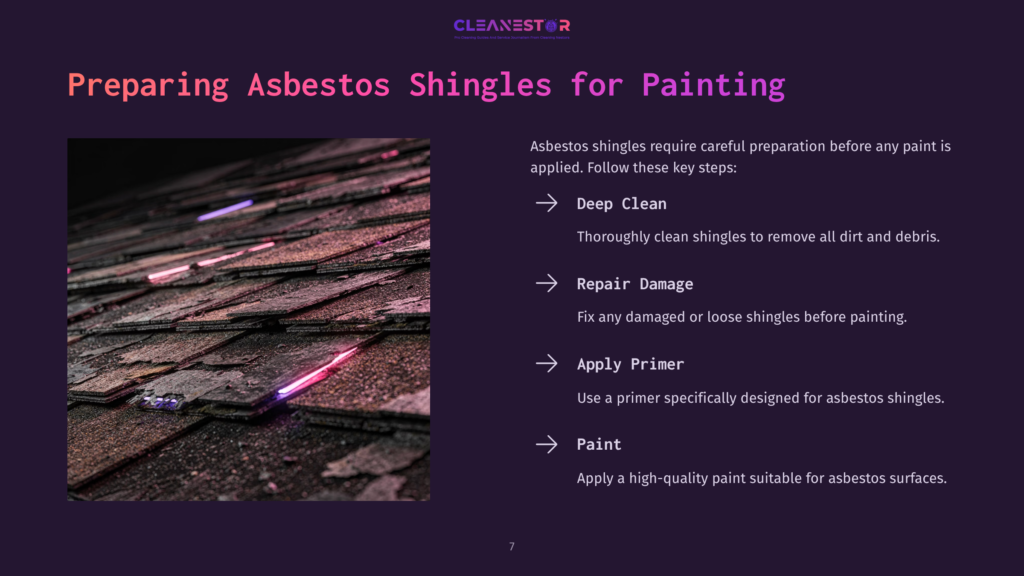 7 Preparing Asbestos Shingles For Painting Close-Up Of Weathered, Overlapping Asbestos Shingles On A Roof, With A Vibrant Pink And Purple Light Illuminating The Textured Surface, Suggesting A Need For Preparation Before Painting.