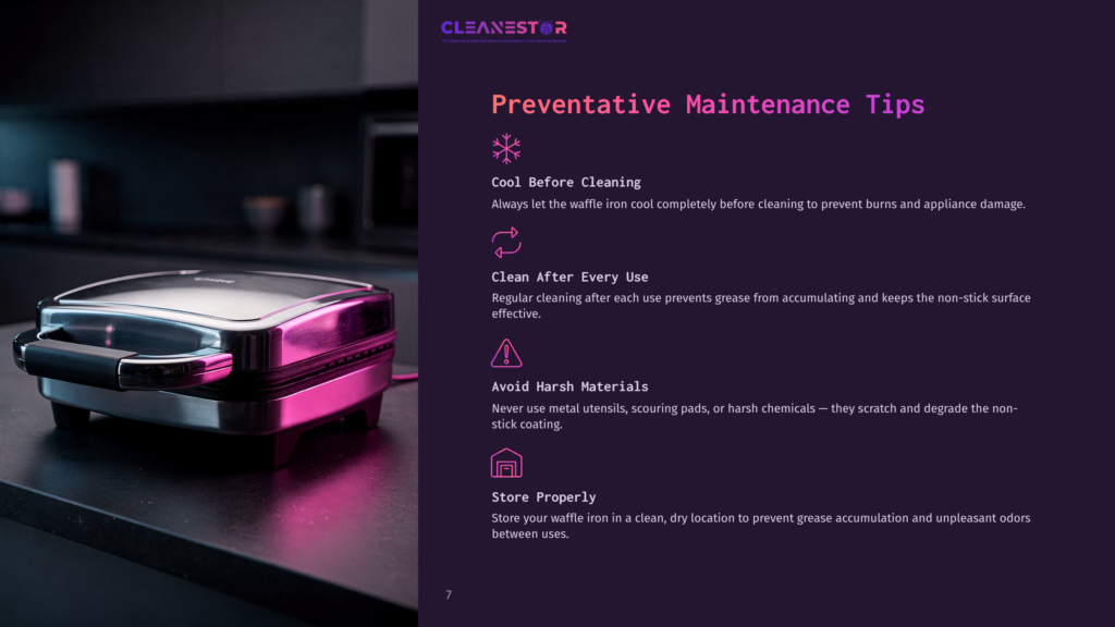 A Shiny, Silver Waffle Iron Sits On A Dark Countertop, Illuminated By Pink Light. The Cleanestor Logo And Preventative Maintenance Tips Are Visible On The Right.