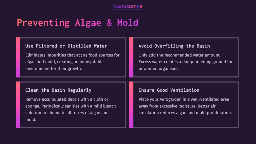 Four Panels On A Dark Purple Background With The Title &Quot;Preventing Algae &Amp; Mold&Quot; And &Quot;Cleanestor&Quot; Logo. The Panels Provide Tips: Use Filtered Or Distilled Water, Avoid Overfilling The Basin, Clean The Basin Regularly, And Ensure Good Ventilation.