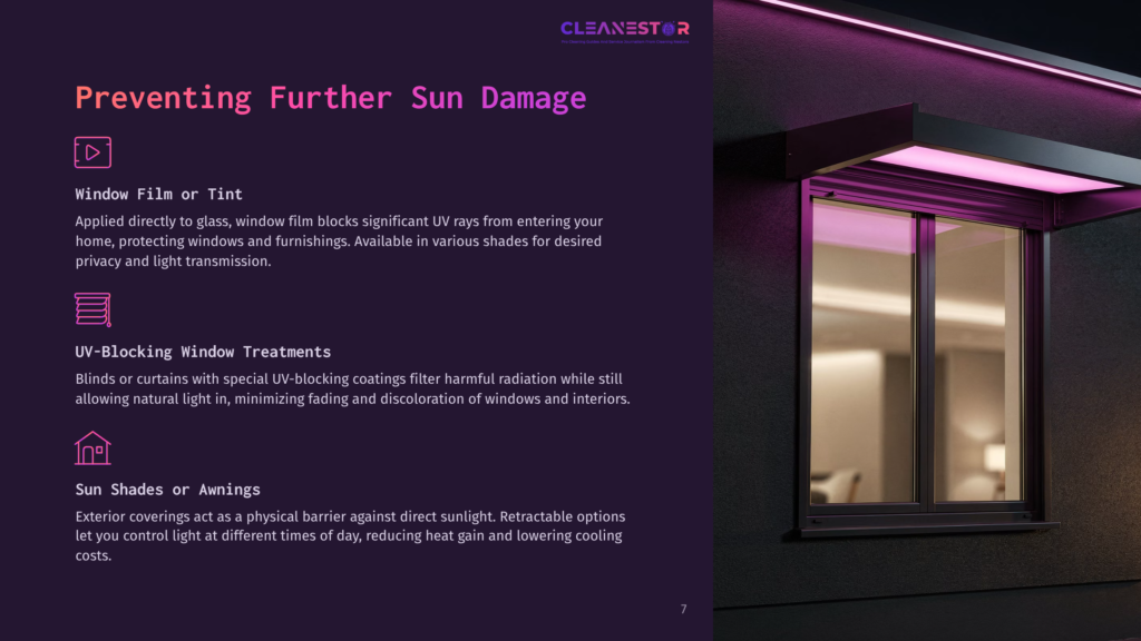 7 Preventing Further Sun Damage Cleanestor Logo At The Top Of An Image Showing A Modern Home Exterior At Night With Pink Led Lights Illuminating A Window With Retractable Awnings. Text Discusses Preventing Sun Damage With Window Film, Treatments, And Awnings.
