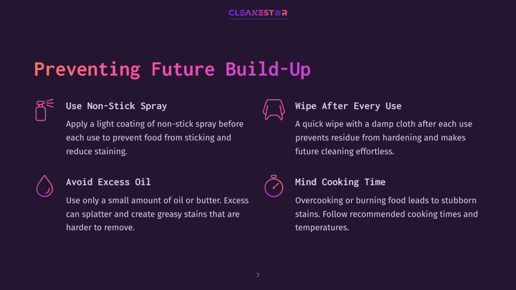 A Graphic With The Title &Quot;Preventing Future Build-Up&Quot; Lists Four Tips: Use Non-Stick Spray, Wipe After Every Use, Avoid Excess Oil, And Mind Cooking Time. The Background Is A Dark Purple Gradient.