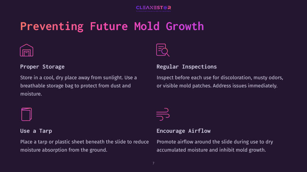 7 Preventing Future Mold Growth 1 Infographic With Text &Quot;Preventing Future Mold Growth&Quot; And Four Sections: &Quot;Proper Storage,&Quot; &Quot;Regular Inspections,&Quot; &Quot;Use A Tarp,&Quot; And &Quot;Encourage Airflow,&Quot; With Icons For Each.