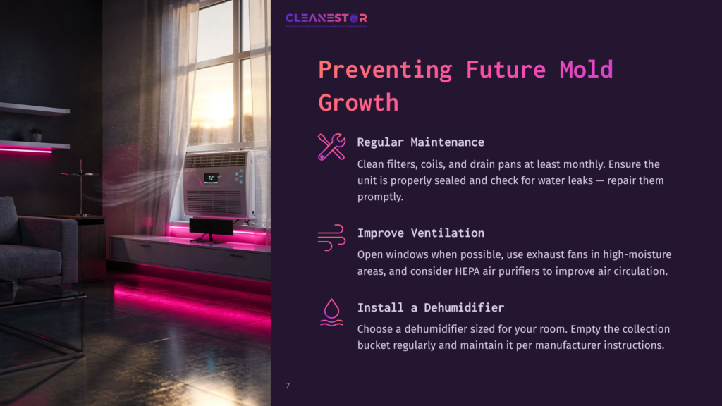 Cleanestor Logo Above A Modern Living Room With A Window Air Conditioner And Pink Neon Lights, Featuring Text About Preventing Future Mold Growth And Tips For Regular Maintenance, Ventilation, And Dehumidifier Installation.