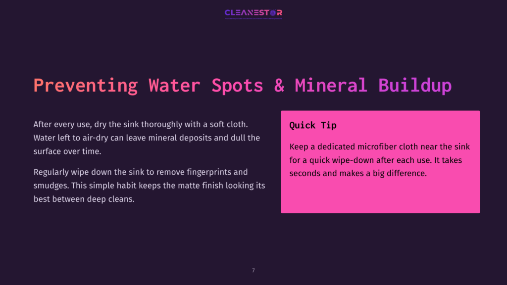 Presentation Slide Titled &Quot;Preventing Water Spots &Amp; Mineral Buildup&Quot; With Tips On Drying The Sink After Use To Prevent Mineral Deposits And Smudges.