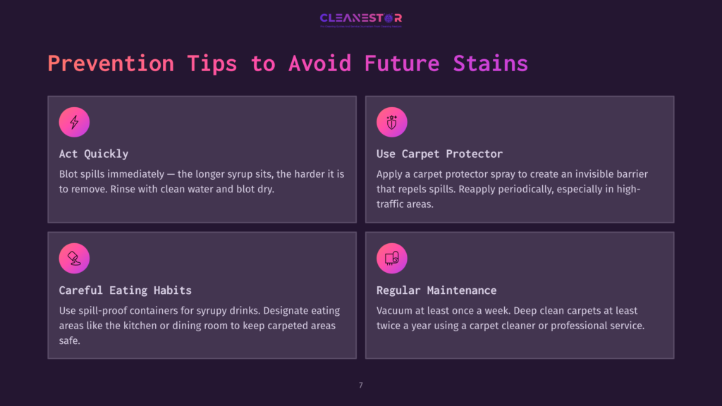 Infographic With Four Prevention Tips To Avoid Future Carpet Stains: Act Quickly, Use Carpet Protector, Careful Eating Habits, And Regular Maintenance. The Infographic Uses A Dark Purple Background And Pink Icons.