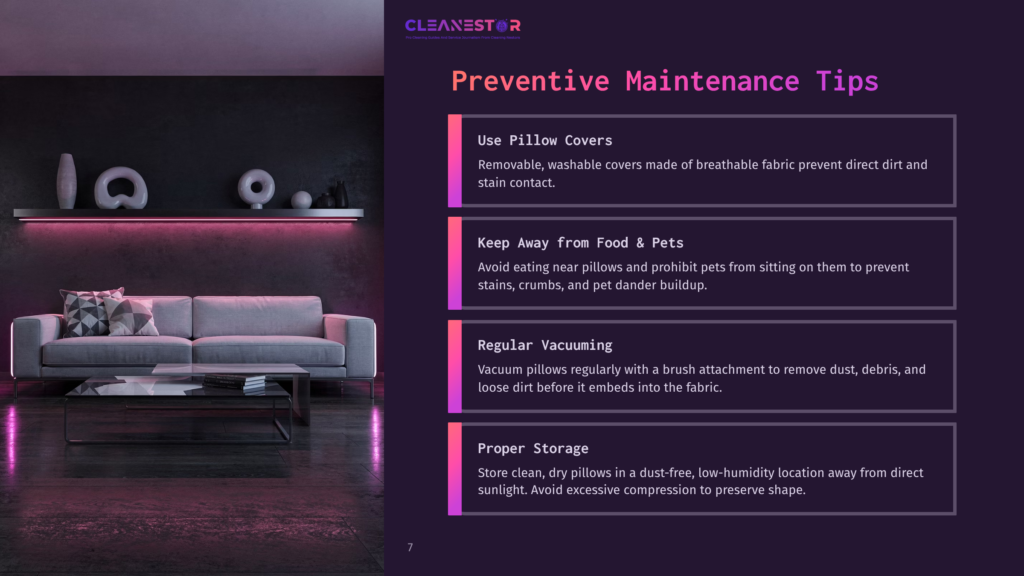 Modern Living Room With A Gray Sectional Sofa, A Black Coffee Table, And Abstract Art On The Wall. Text Overlay Lists &Quot;Cleanestor&Quot; And &Quot;Preventive Maintenance Tips&Quot; With Points On Pillow Covers, Food &Amp; Pets, Vacuuming, And Storage.