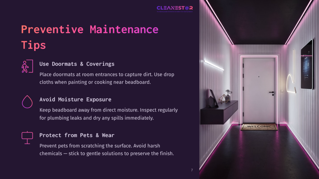 Hallway With Pink Neon Lighting, A White Door, And A Doormat That Says &Quot;Welcome.&Quot; Text Overlay Reads &Quot;Cleanestor&Quot; And &Quot;Preventive Maintenance Tips&Quot; With Icons For Doormats, Moisture, And Pets.