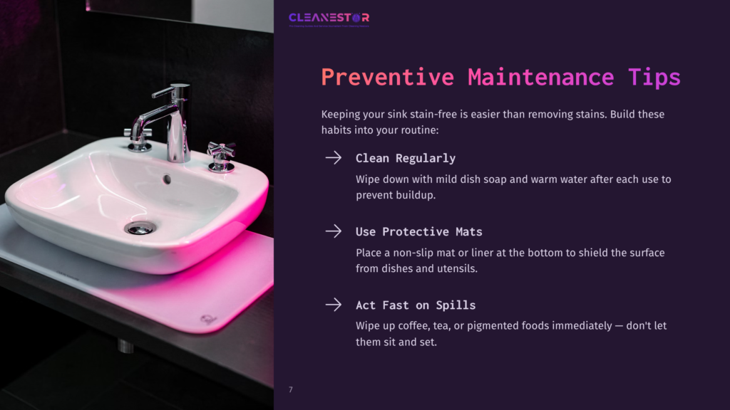 A Clean, Modern Bathroom Sink With A Chrome Faucet, Set Against A Dark Background. A Pink Protective Mat Is Placed Under The Sink. Text Overlay Reads &Quot;Cleanestor - Preventive Maintenance Tips&Quot;.