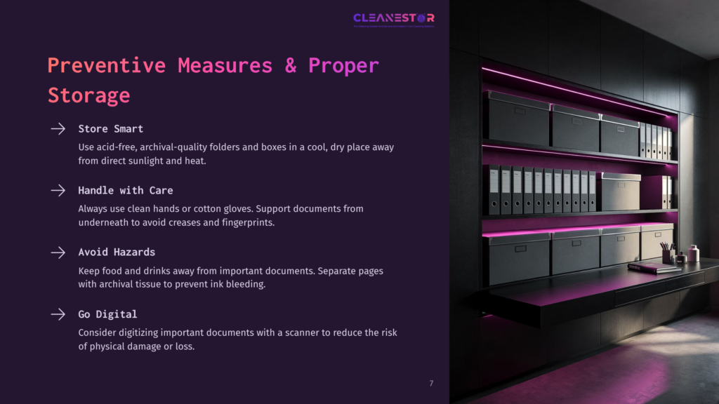 A Modern, Minimalist Storage Room With Dark Walls And Shelves Illuminated By Purple Led Lighting. Shelves Are Neatly Organized With Black Archival Boxes And Binders, Suggesting Proper Document Storage And Organization.
