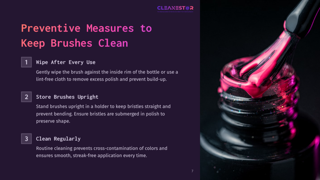Close-Up Of A Bright Pink Nail Polish Bottle With A Brush Dripping With Glossy Polish, Against A Dark Background. Text Overlay Discusses Preventive Measures To Keep Brushes Clean.