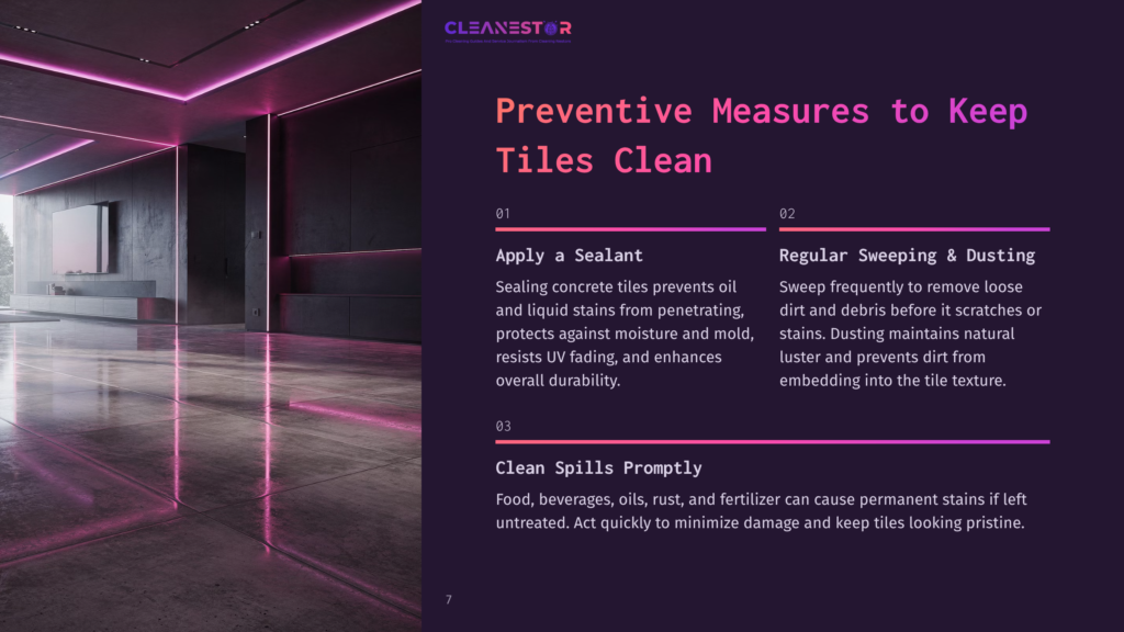 Modern Living Room With Polished Concrete Floors Reflecting Vibrant Pink Neon Lights, Featuring A Minimalist Fireplace And A Large Television. Text Overlay: &Quot;Cleanestor - Preventive Measures To Keep Tiles Clean&Quot;.