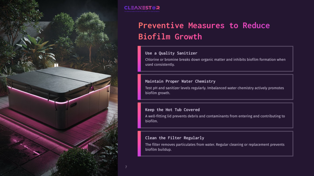 A Modern, Dark-Covered Hot Tub Glows With Purple Led Lights At Night, Surrounded By Lush Greenery And A Wooden Deck. Text Overlays &Quot;Cleanestor&Quot; And &Quot;Preventive Measures To Reduce Biofilm Growth&Quot;.