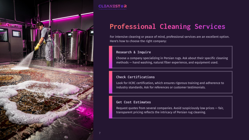 A Professional Rug Cleaner In Yellow Gloves Sprays A Persian Rug With A Cleaning Solution In A Bright, Modern Facility. The Rug Is Partially Submerged In Foam And Water, With Industrial Cleaning Equipment In The Background.