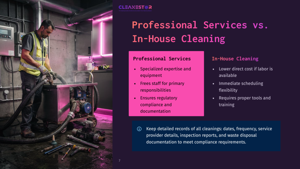 A Man In A Yellow Safety Vest Uses A Vacuum Hose On Industrial Cleaning Equipment In A Room With Bright Pink Led Grow Lights. Text Overlay Reads &Quot;Cleanestor Professional Services Vs. In-House Cleaning.