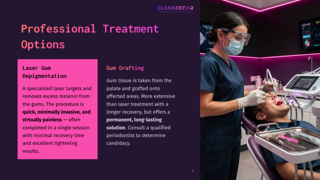 Dentist In Protective Gear Performs Laser Gum Depigmentation On A Patient, With &Quot;Cleanestar Professional Treatment Options&Quot; Text Visible.