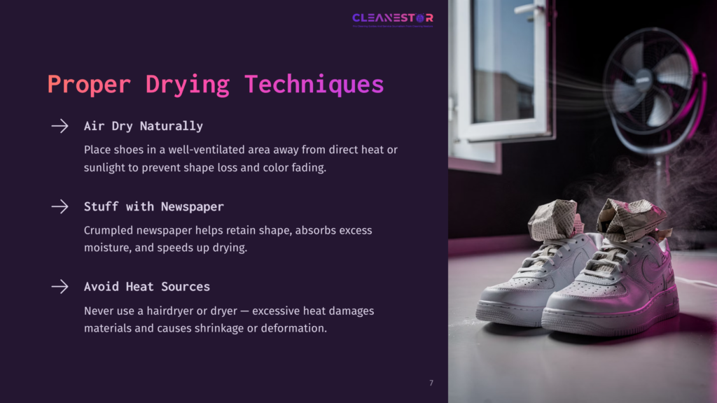 White Sneakers Being Dried With Crumpled Newspaper And A Fan, With Text About Proper Drying Techniques For Shoes.