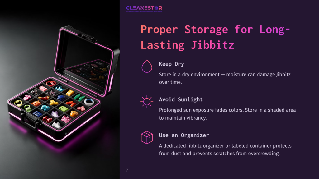 7 Proper Storage For Long Lasting Jibbitz A Black Storage Case With Pink Trim, Illuminated From Within, Displays A Collection Of Colorful Jibbitz Charms. The Lid Is Open, Revealing Rows Of The Small Shoe Decorations. Text On The Right Reads &Quot;Proper Storage For Long-Lasting Jibbitz.
