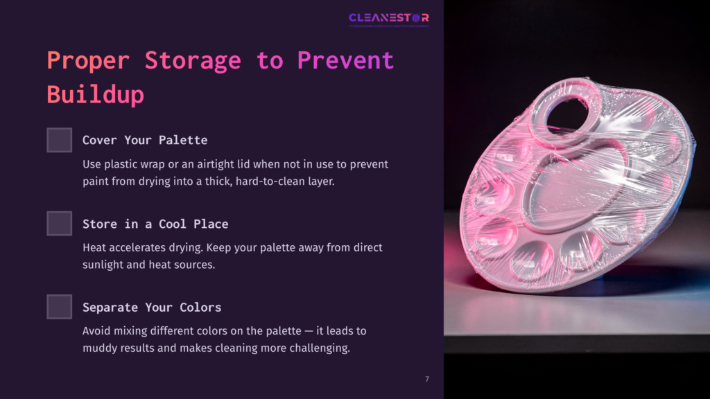 A Pink And White Artist'S Paint Palette Covered In Plastic Wrap, With Text Overlay About Proper Storage To Prevent Paint Buildup And Keep Colors Separate.