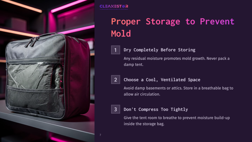 A Dark, Textured Storage Bag For A Tent Sits On A Shelf, With The Cleanestor Logo And &Quot;Proper Storage To Prevent Mold&Quot; Text Visible On A Purple Background.