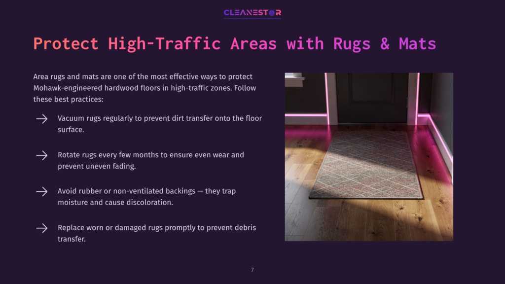 A Plush, Patterned Rug Lies On A Polished Hardwood Floor Near A Doorway, Illuminated By Soft Pink Led Lighting Along The Wall And Door Frame. The Rug Features A Detailed Geometric Design In Muted Reds And Grays.