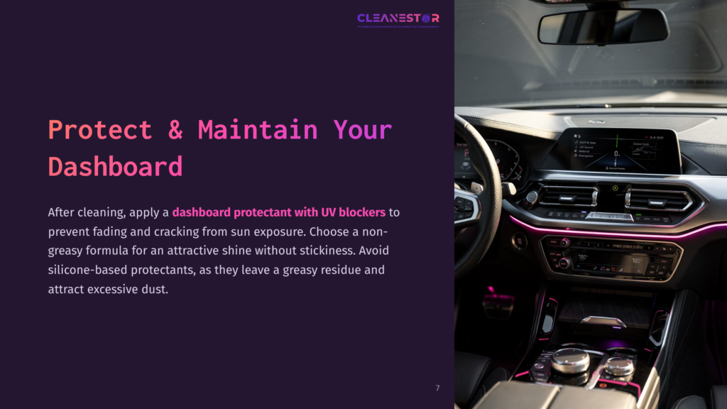7 Protect And Maintain Your Dashboard Modern Car Dashboard With Ambient Pink And Purple Lighting, Featuring A Digital Display And Steering Wheel. Text Overlay Reads &Quot;Cleanestar Protect &Amp; Maintain Your Dashboard&Quot;.