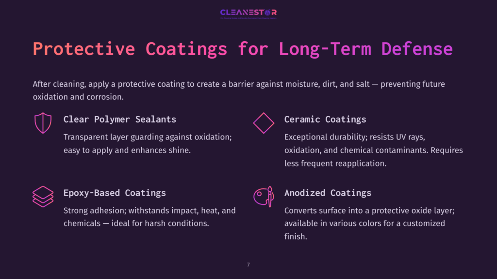 Protective Coatings For Long-Term Defense: Clear Polymer Sealants, Ceramic Coatings, Epoxy-Based Coatings, And Anodized Coatings Are Detailed With Icons And Descriptions.