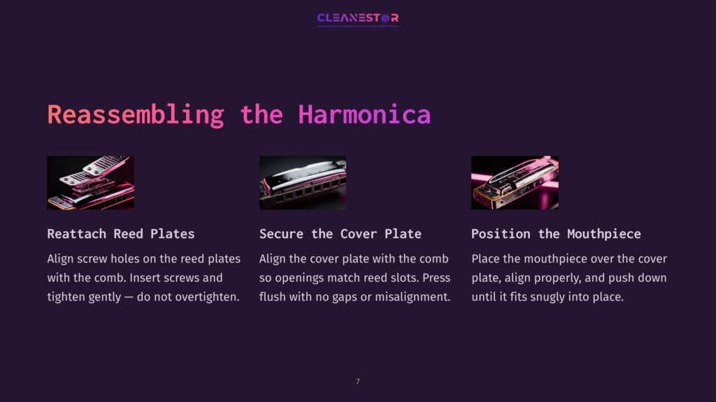 Reassembling A Harmonica: Aligning Reed Plates, Securing The Cover Plate, And Positioning The Mouthpiece For A Snug Fit.