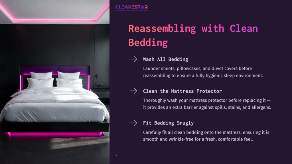 7 Reassembling With Clean Bedding A Luxurious, Modern Bedroom Features A Neatly Made Bed With Crisp White Linens And Pillows, Illuminated By Vibrant Pink Led Lighting Under The Bed Frame. The Text &Quot;Cleanestor Reassembling With Clean Bedding&Quot; Is Visible.