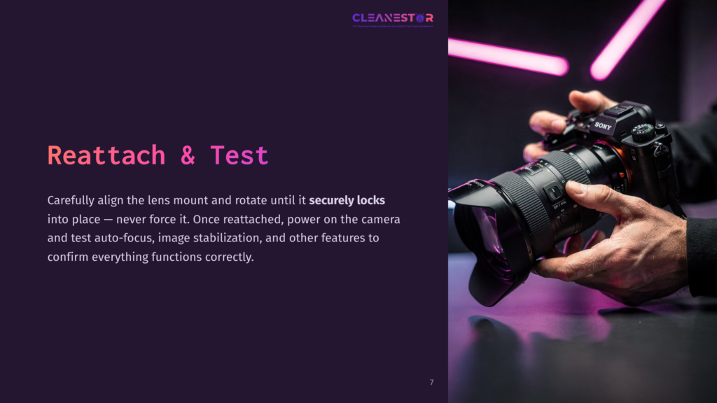 A Person'S Hands Carefully Reattach A Sony Camera Lens, With The Text &Quot;Reattach &Amp; Test&Quot; And &Quot;Cleanestar&Quot; Visible On The Left Side Of The Image.