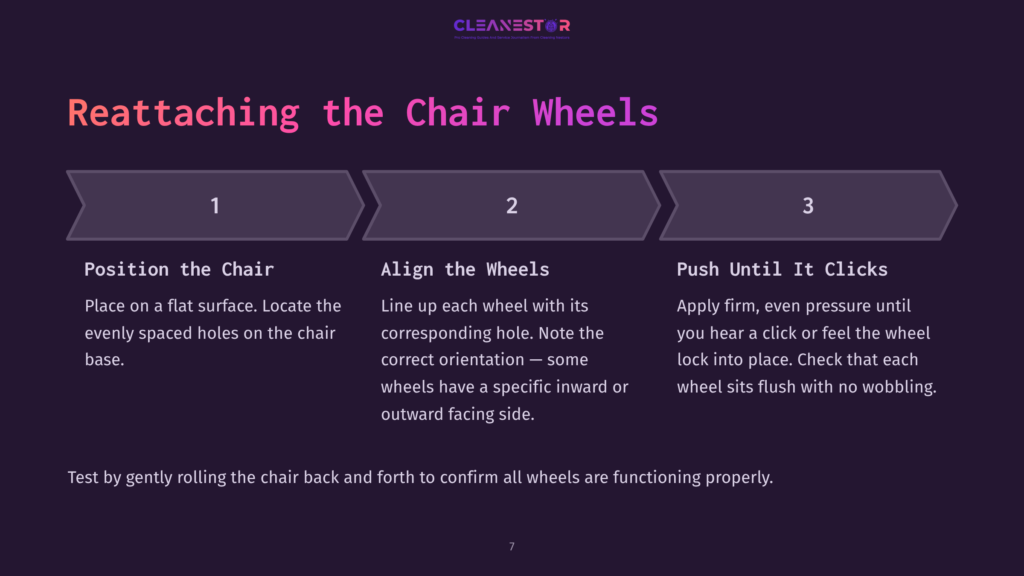 7 Reattaching The Chair Wheels A Step-By-Step Guide Titled &Quot;Reattaching The Chair Wheels&Quot; With Three Numbered Steps: 1. Position The Chair, 2. Align The Wheels, 3. Push Until It Clicks. The Steps Detail How To Reattach Chair Wheels.