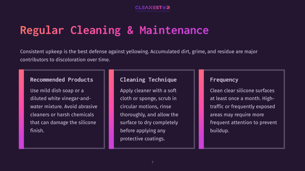 A Presentation Slide Titled &Quot;Regular Cleaning &Amp; Maintenance&Quot; With Three Columns: &Quot;Recommended Products,&Quot; &Quot;Cleaning Technique,&Quot; And &Quot;Frequency.&Quot; The Slide Offers Advice On Cleaning And Maintaining Surfaces.