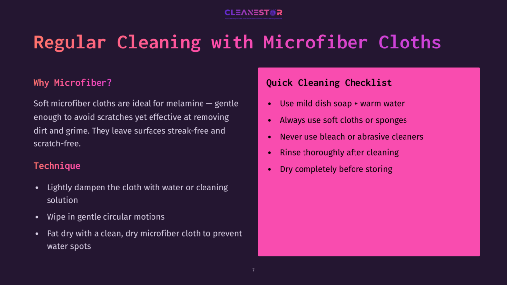 Presentation Slide Titled &Quot;Regular Cleaning With Microfiber Cloths&Quot; With A Quick Cleaning Checklist And A Section On &Quot;Why Microfiber?&Quot;.