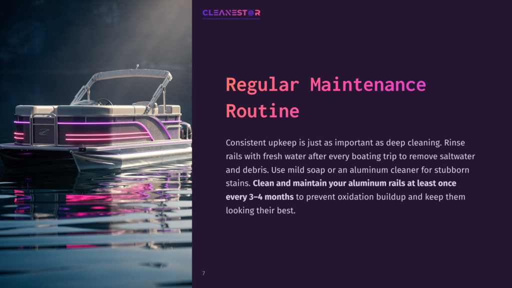 7 Regular Maintenance Routine A Sleek Pontoon Boat With Purple Led Lighting Rests On Calm, Reflective Water At Dusk, With The Text &Quot;Cleanestor&Quot; And &Quot;Regular Maintenance Routine&Quot; Visible.